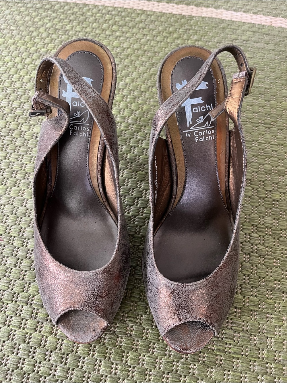 Carlos Falchi Metallic Bronze Peep-Toe Slingback Heels